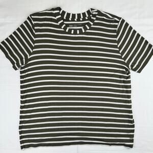 Albion Shirt Women’s Large Basic Tee Olive Green Stripe Relaxed Fit Buttery Soft